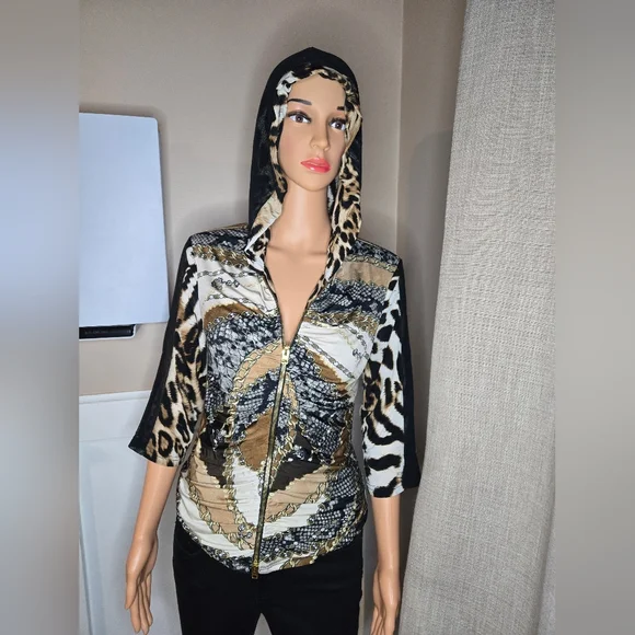 JOSEPH RIBKOFF MIXED PRINT HOODIE ZIP TOP SZ 8 - Picture 1 of 8